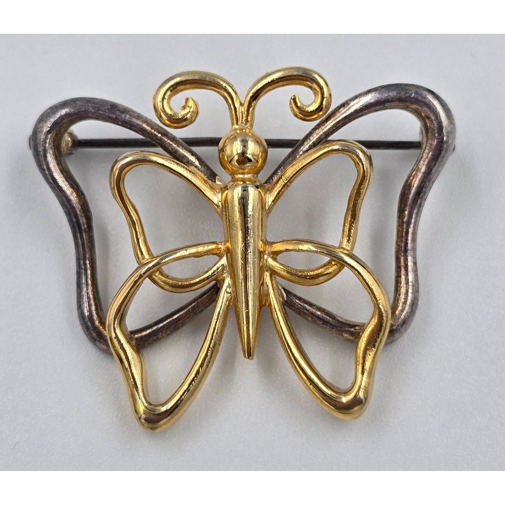Vintage Two-Tone Butterfly Brooch Gold and Silver Tone Openwork Pin 1.5" - Picture 4 of 6